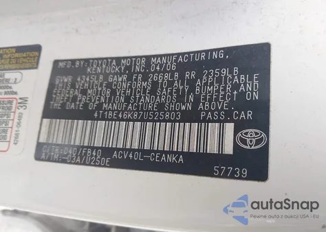 2007 Toyota Camry Le z USA, uszkodzony, nr VIN 4T1BE46K87U525803